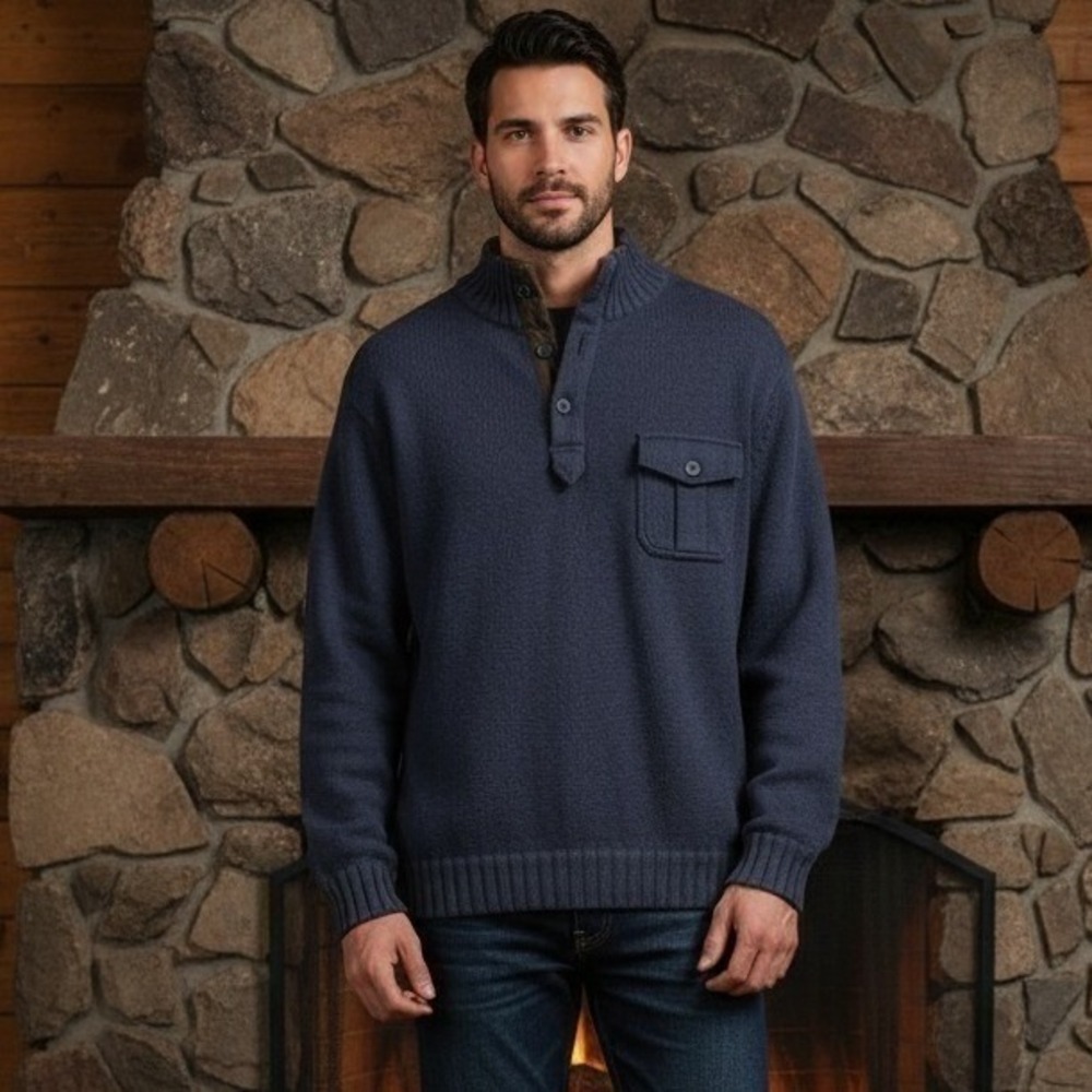 Alex Cannon Elbow Patch Suede Sweater Men's Large Navy Pullover Cotton Travel